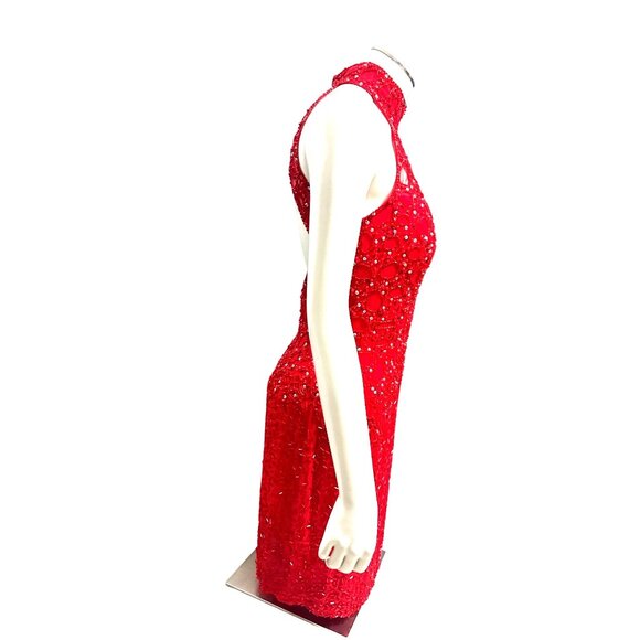 Niteline Della Roufogali Size 4 Red Beaded Silk Halter Open Back Gown Glamour - Picture 4 of 10